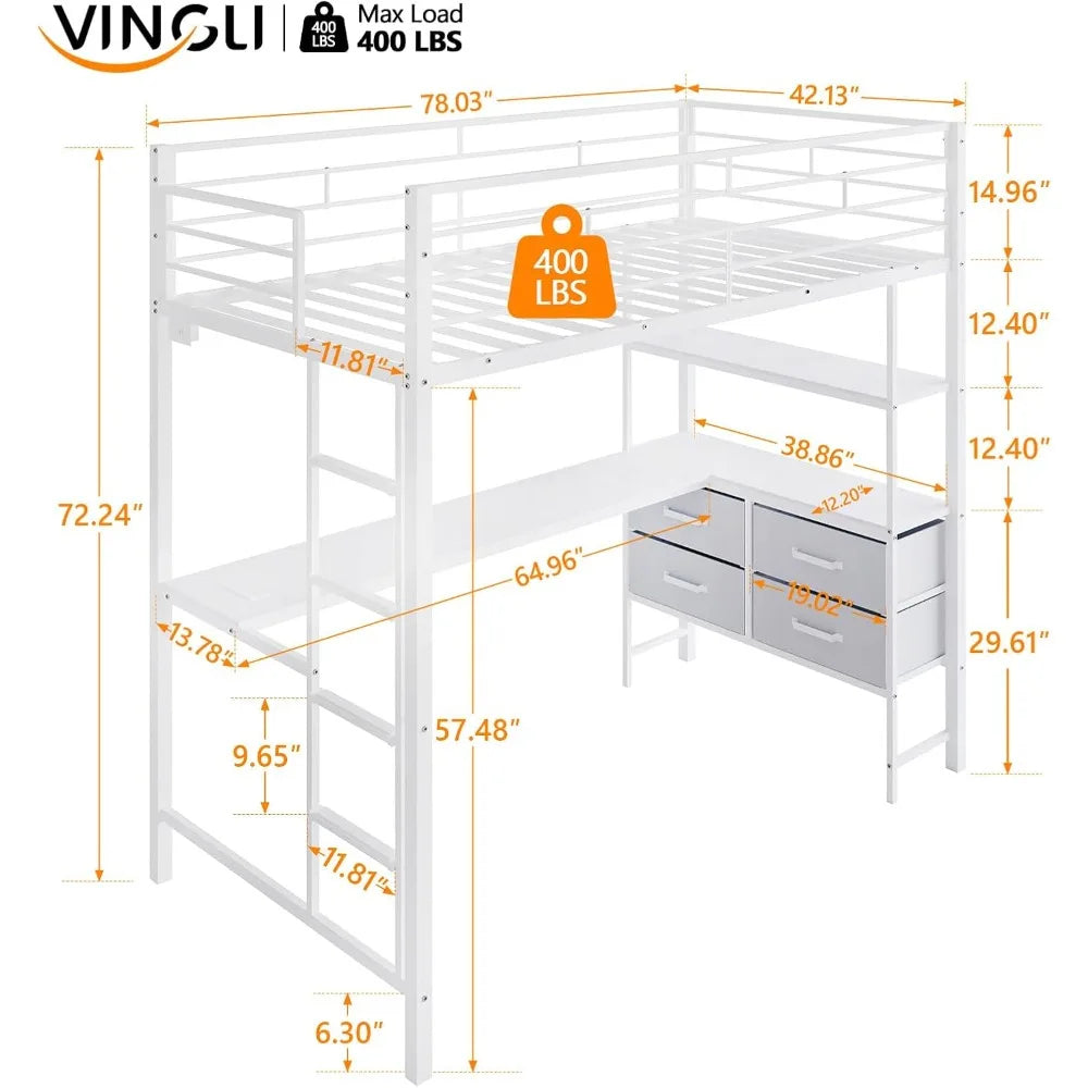 Twin Metal Loft Bed Frame With 15" Safety Guardrail