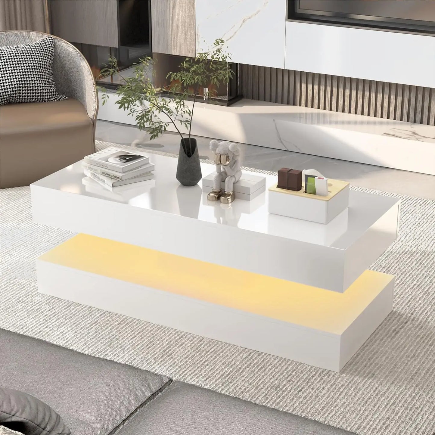 Double-Layer Design for Living Room Coffee Table with 2 Storage Drawers