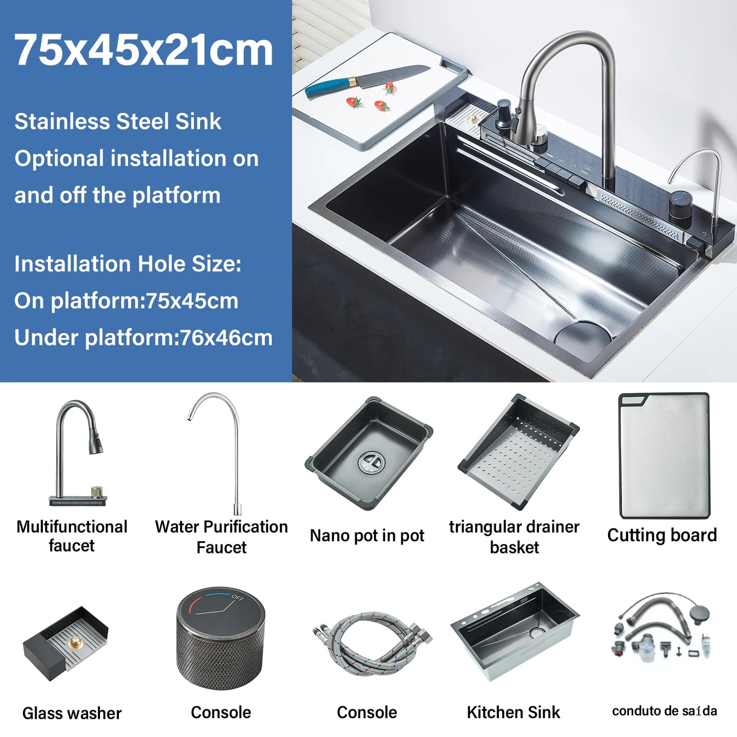 304 Stainless Steel Waterfall Kitchen Sink with Digital Display