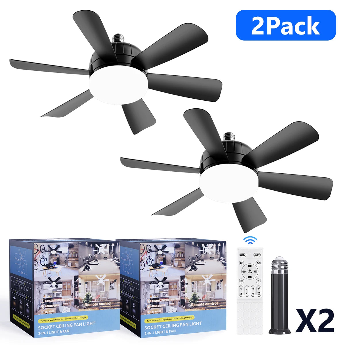 Socket Fan Light with Remote, 3 Colors 3000K-6500K Dimmable Socket Fan