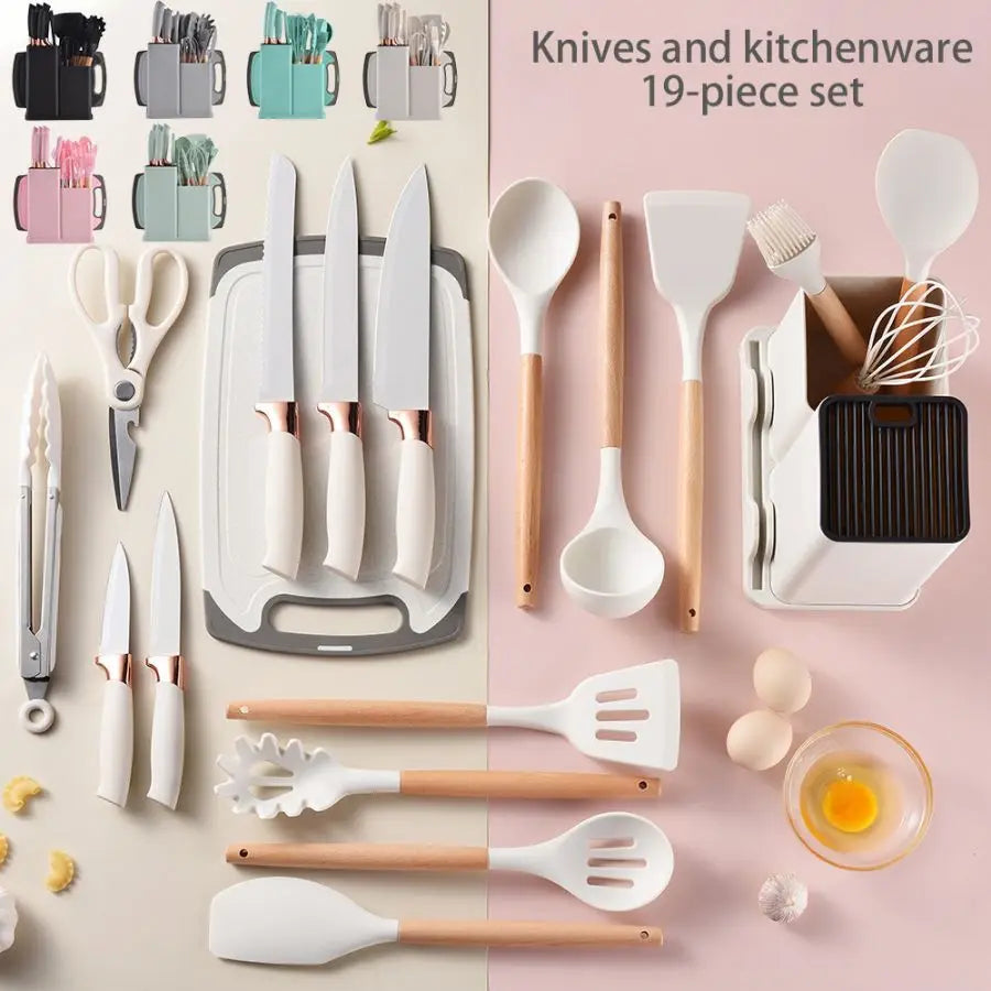 19pcs Food Grade Silicone Brodark Kitchenware Set, Cooking Spoon, Shovel, Cutting Board, Fruit Knife, Chef Knife, Combination Se