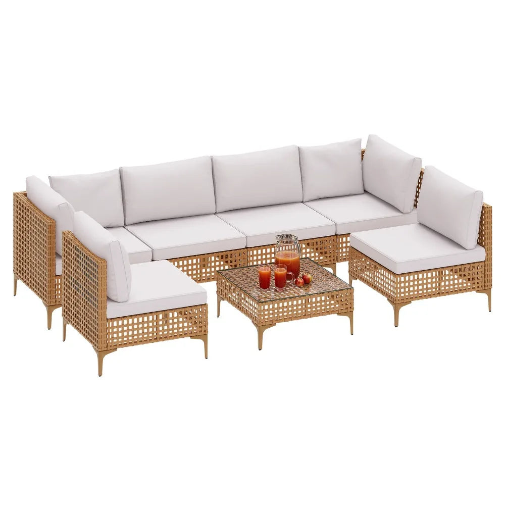 7 Pcs PE Wicker Patio Conversation Set for Backyard Deck Poolside Porch Outdoor