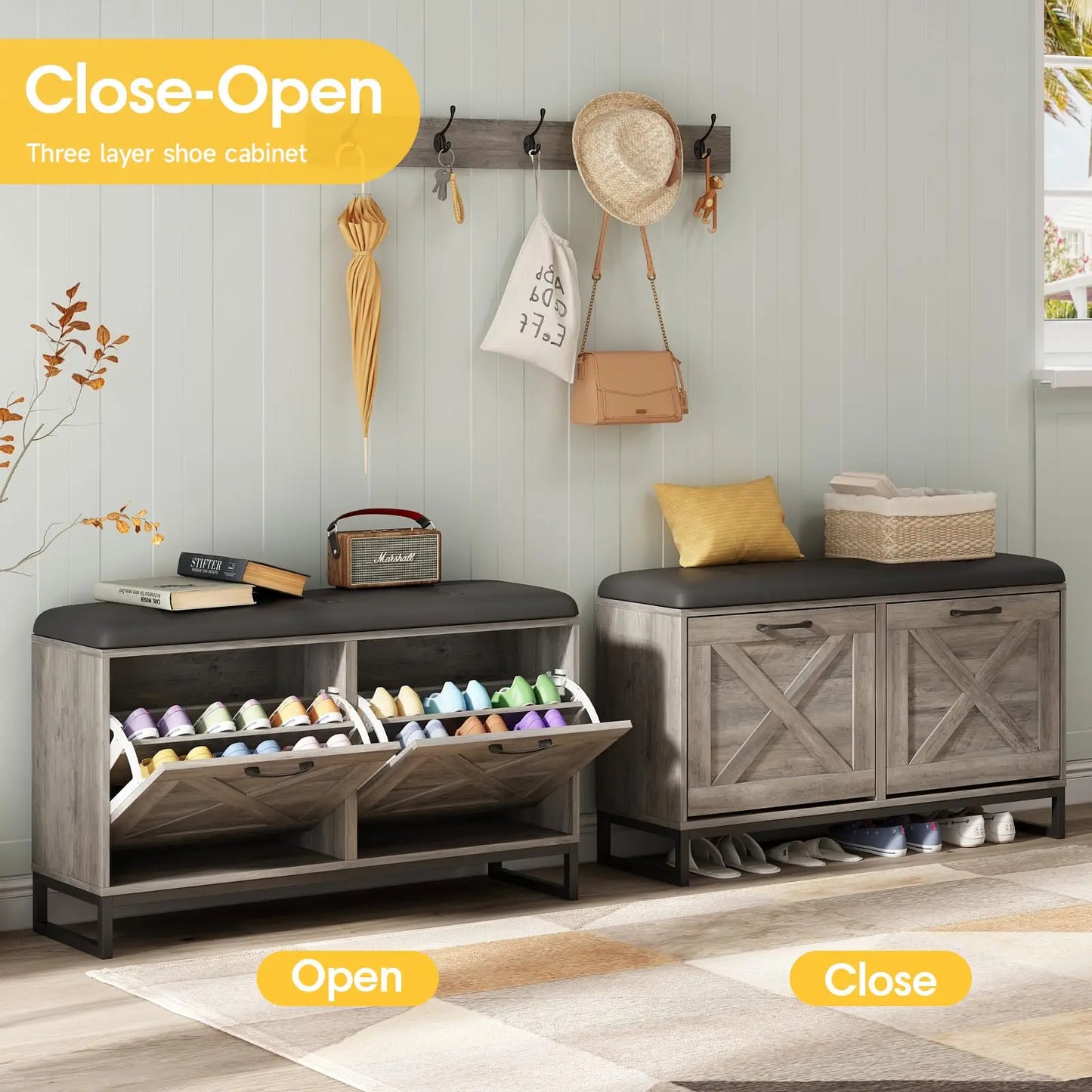 Wooden Shoe Cabinet with Padded Seat Cushion for Entryway