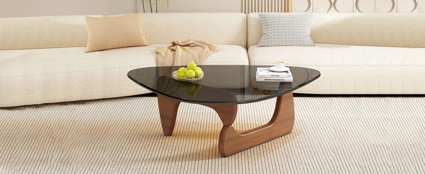 Triangle Glass Coffee Table with Wooden Base for Study Room Office Hotel