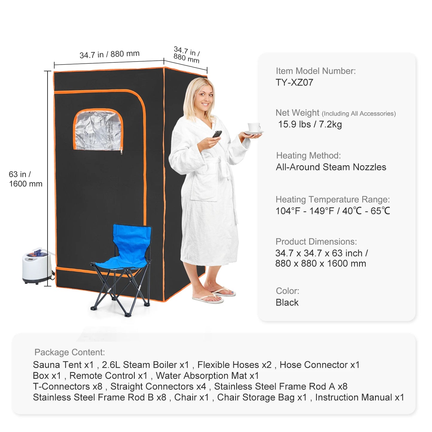 1200-Watt Compact Portable Steam Sauna Tent with Remote Control