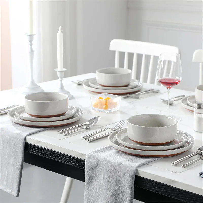 18Pcs Grey Ceramic Plates and Bowls Dinnerware Set.
