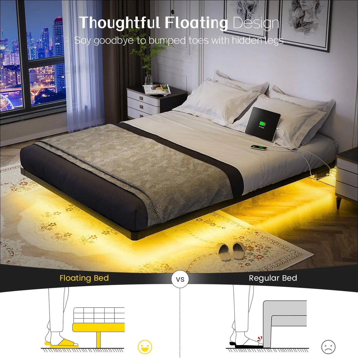 Queen Size Floating Bed Frame with Smart LED Lights