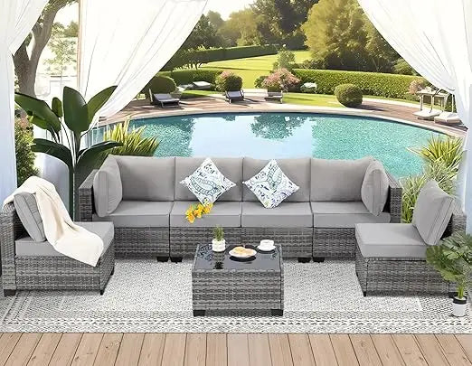 7 Pieces Outdoor Patio Furniture Set with Adjustable Backrest Sofa