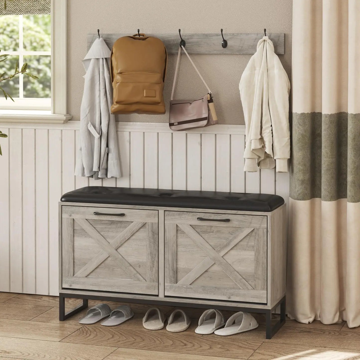 Wooden Shoe Cabinet with Padded Seat Cushion for Entryway
