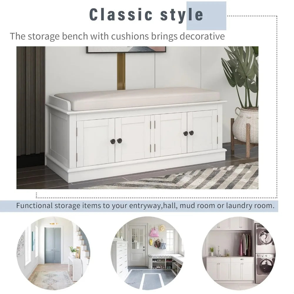 Rustic Storage Bench with 4 Doors and Adjustable Shelves