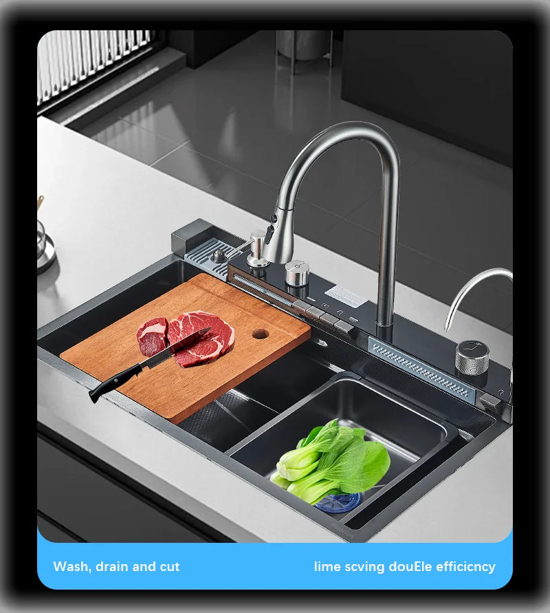 304 Stainless Steel Waterfall Kitchen Sink with Digital Display
