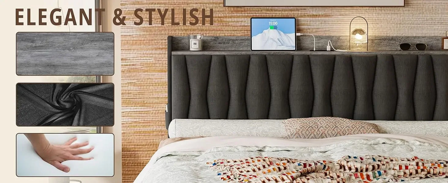 King Size Bed Frame with Storage Headboard and Charging Station