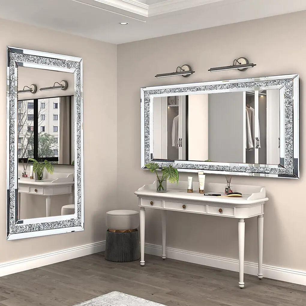 Large Silver Sparkly Crystal Rhinestone Diamond Frameless Vanity Mirrors