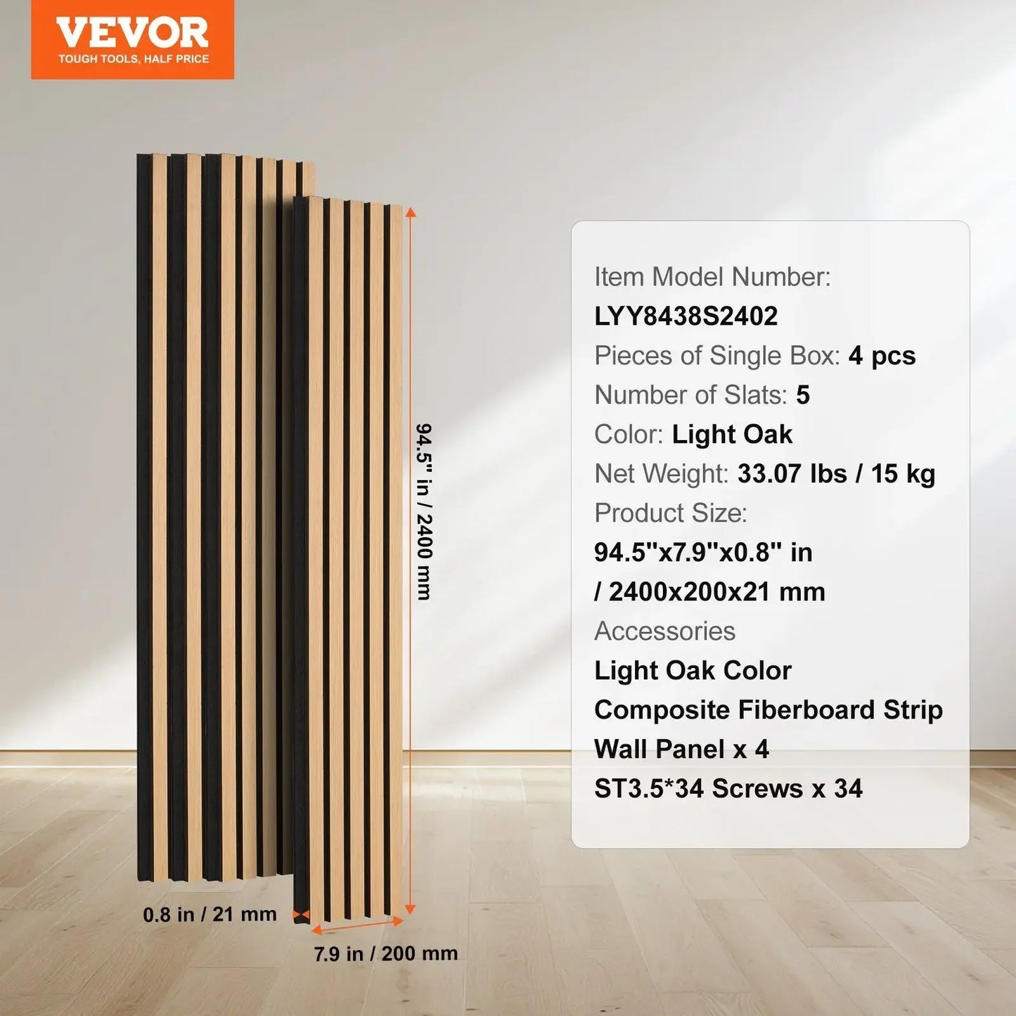 7.9 x 94.5-inch 4 PCS Wood Slat Acoustic Panels