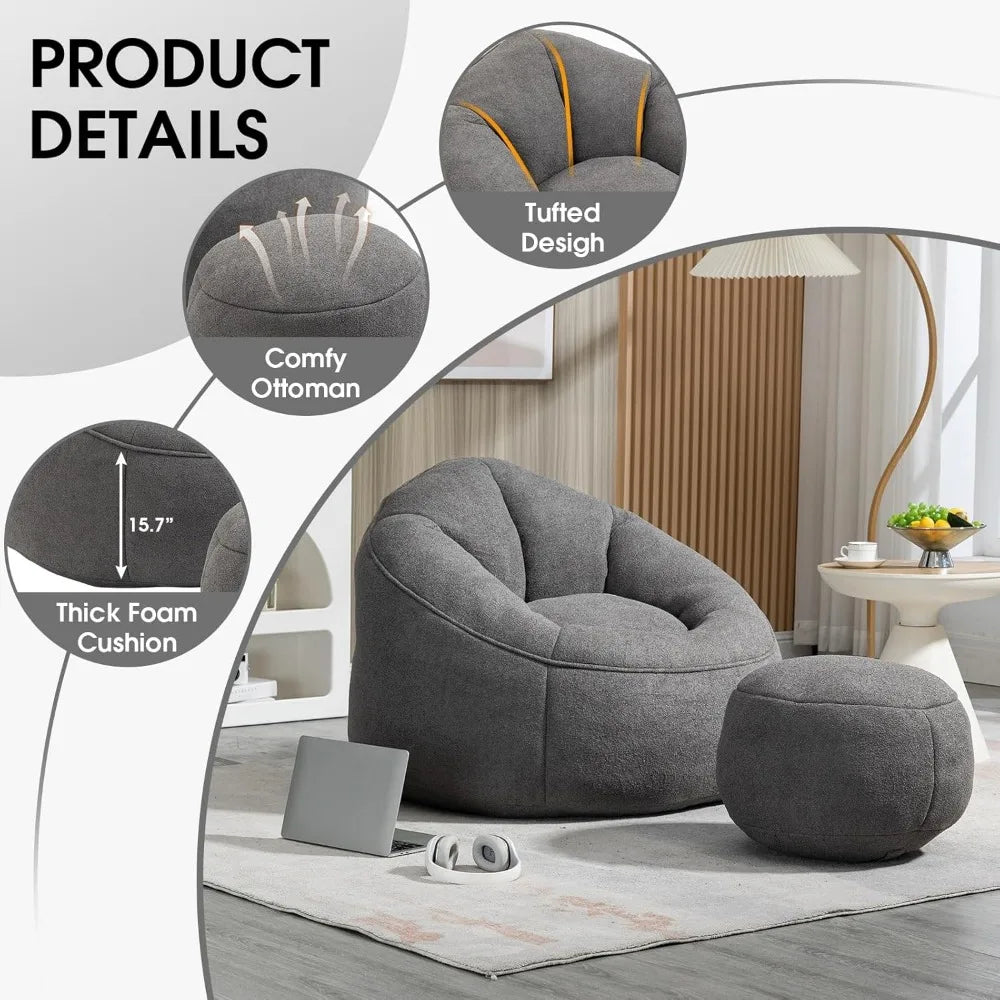 Microfiber Upholstered Shell-Shaped Beanbag Chair with Footstool