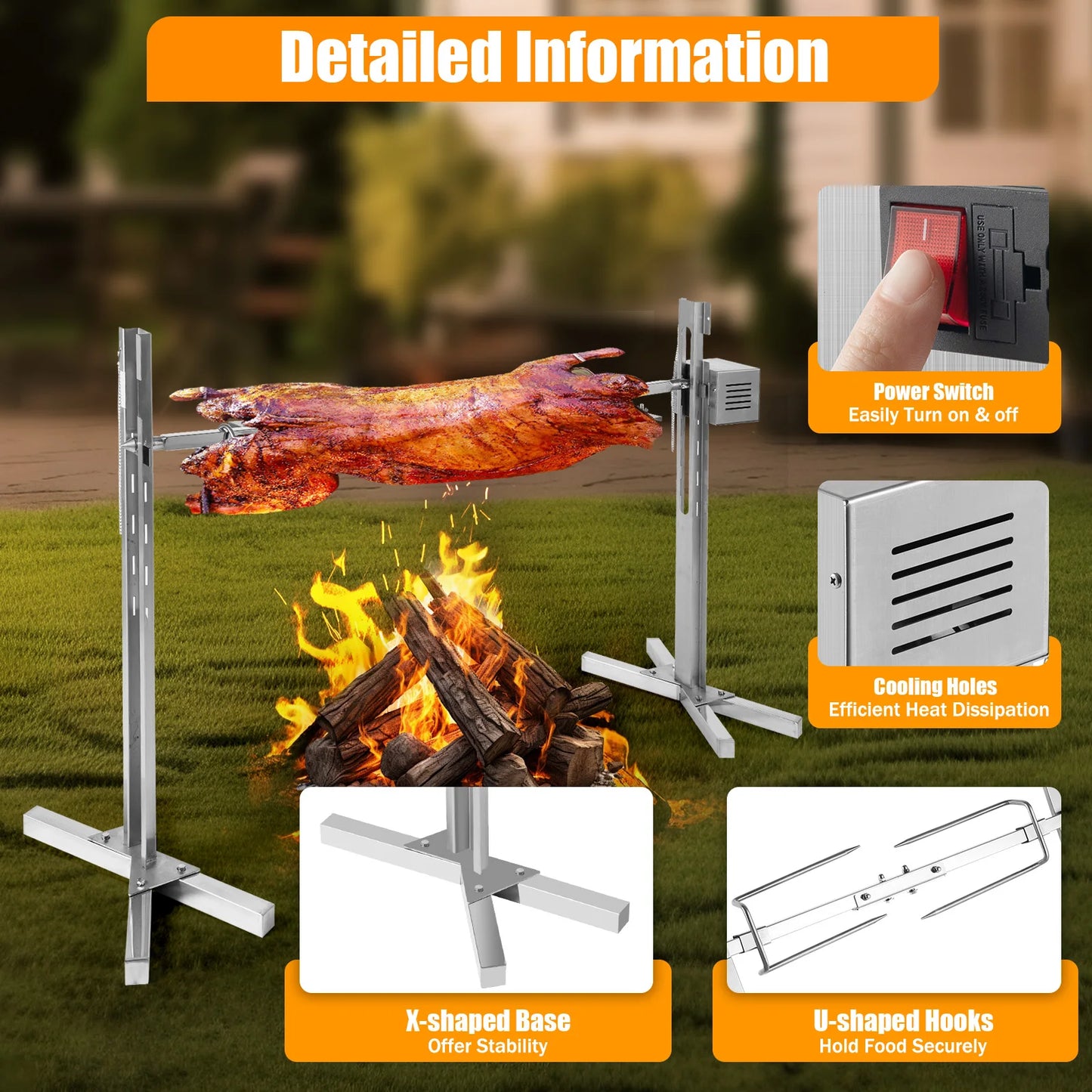 53" Electric BBQ Rotisserie Grill Kit, for Roasting Pig Lamb