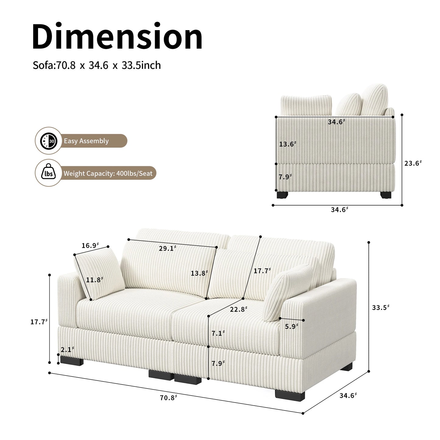 Upholstered Sofa Made of Corduroy Fabric with Removable Cushions