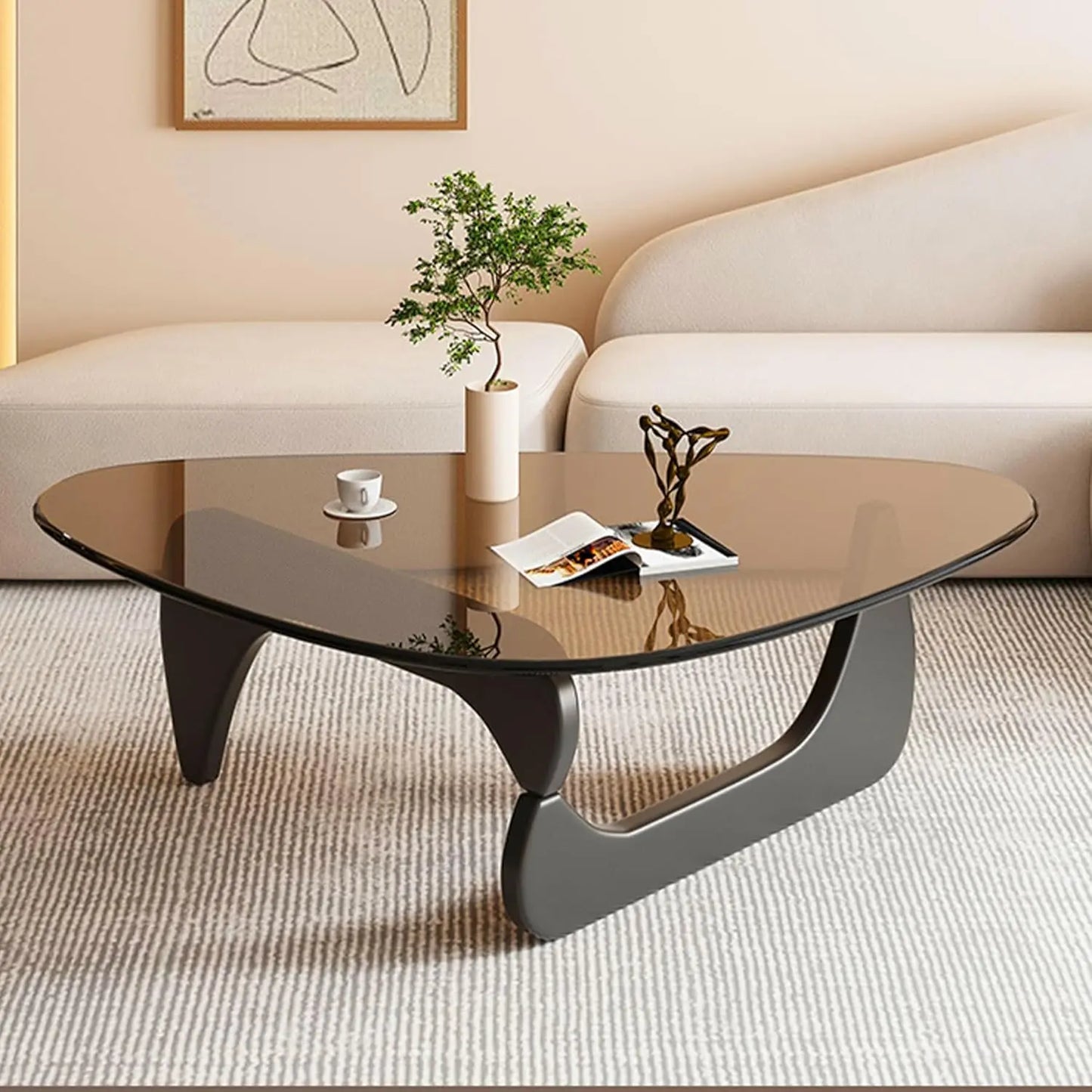 Triangle Glass Coffee Table with Wooden Base for Study Room Office Hotel