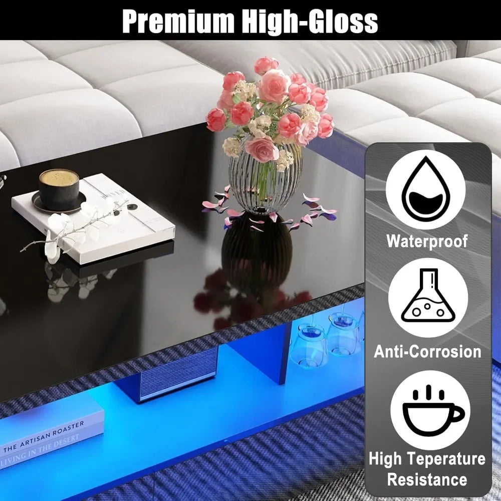 High Glossy Modern Black Coffee Table w/60,000-Color Lights,