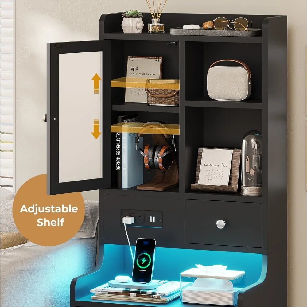 49.2" Black Nightstand Set of 2 with Charging Station