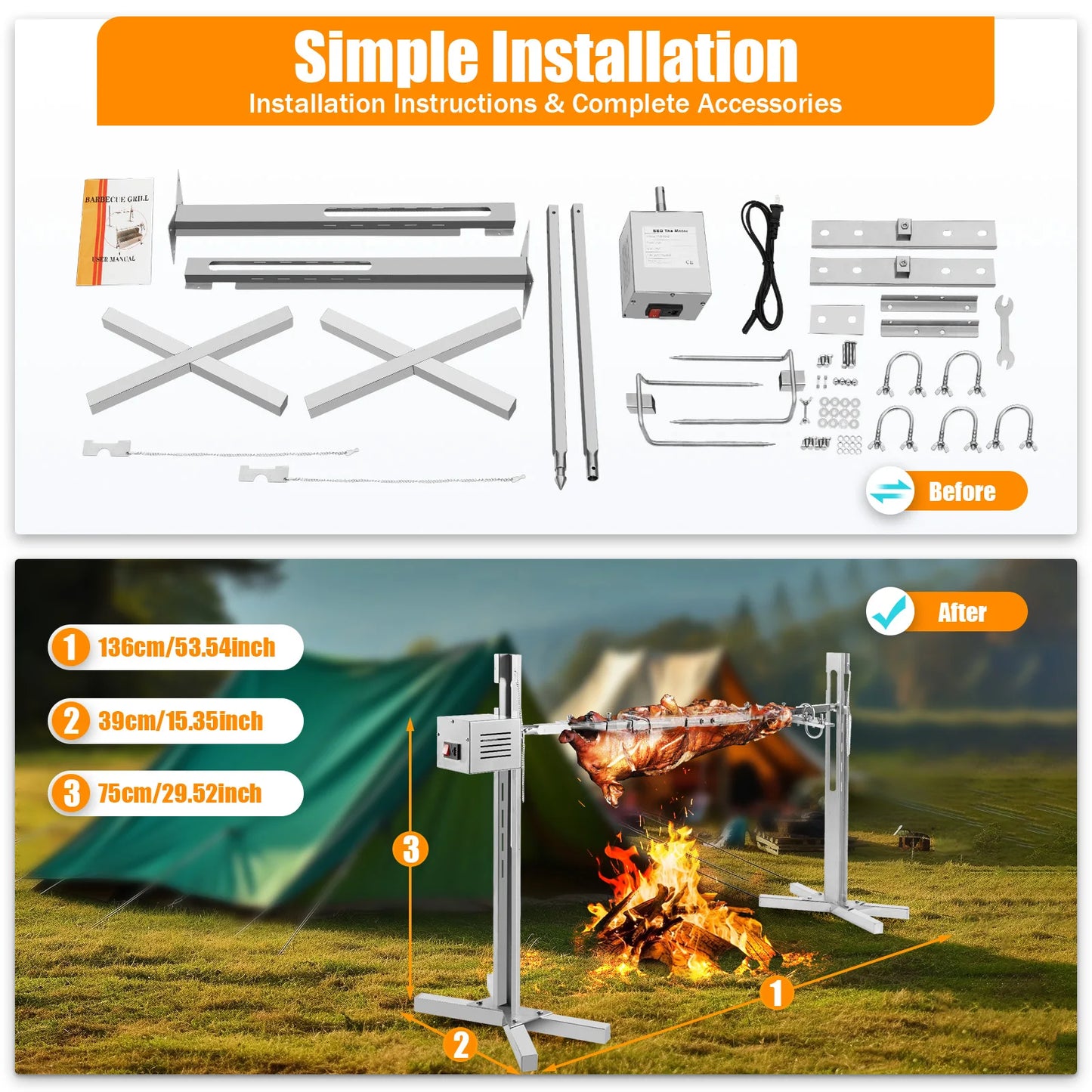 53" Electric BBQ Rotisserie Grill Kit, for Roasting Pig Lamb