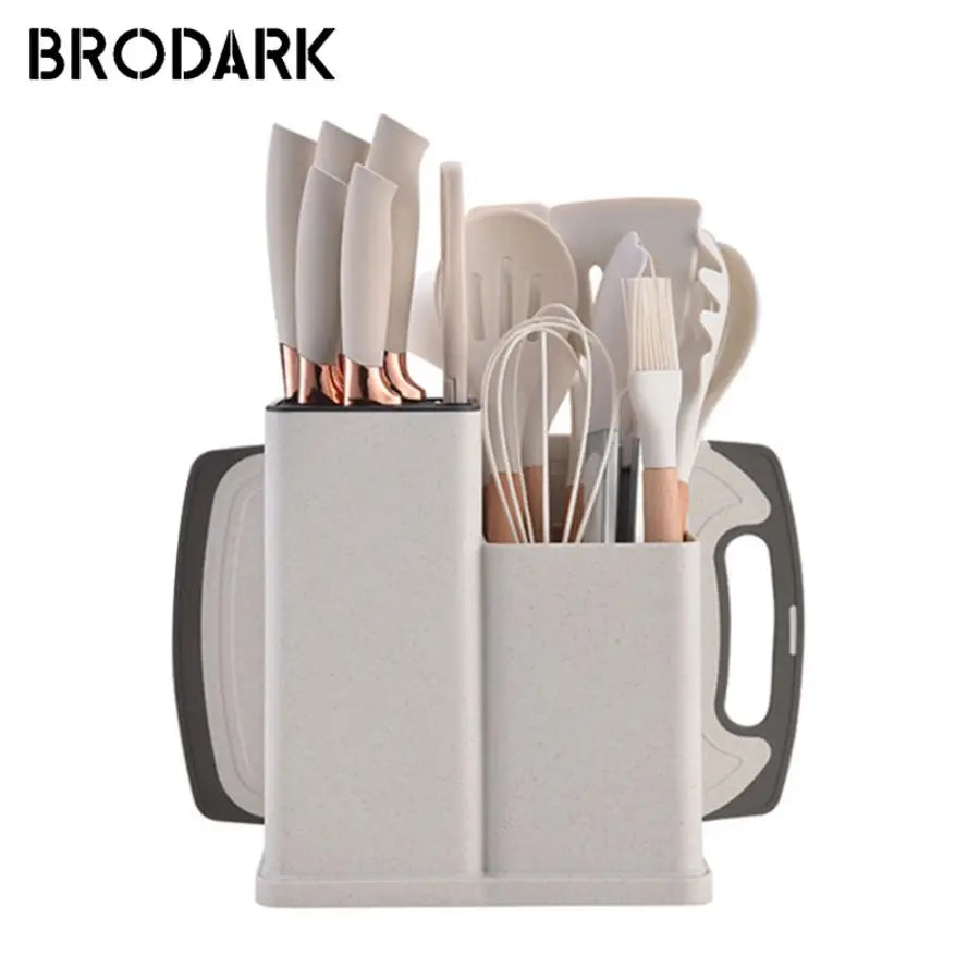 19pcs Food Grade Silicone Brodark Kitchenware Set, Cooking Spoon, Shovel, Cutting Board, Fruit Knife, Chef Knife, Combination Se