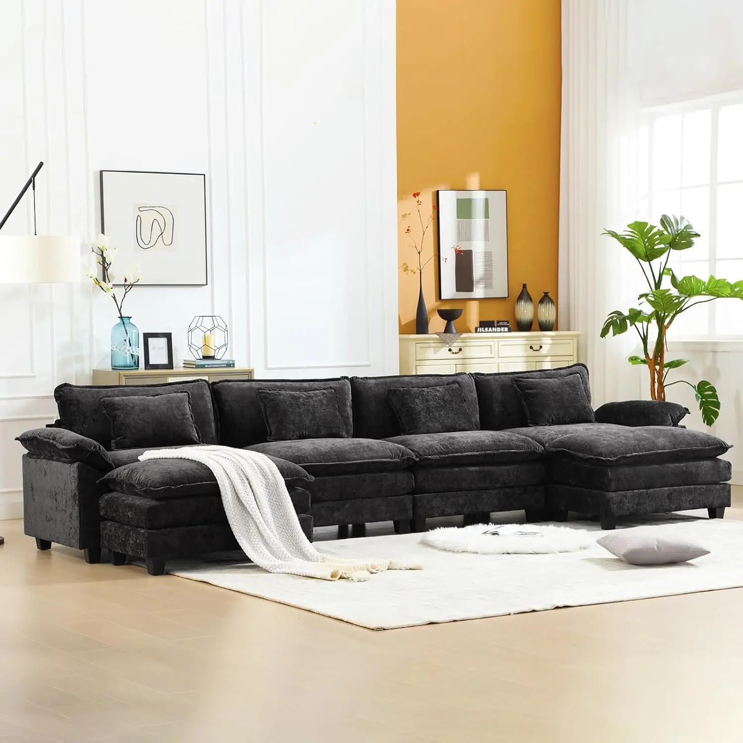Chenille Sofa Sleeper Deep Seat Sofa with Throw Pillows