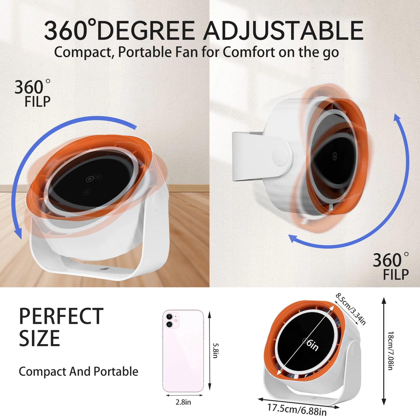 Portable Clip & Desktop Fan, Touch Screen 360° Adjustable