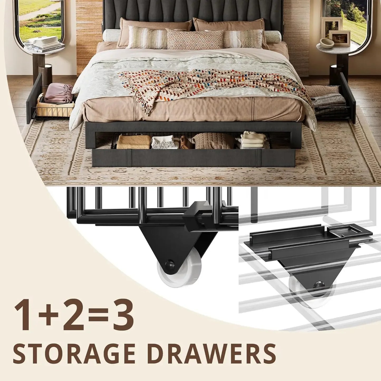 King Size Bed Frame with Storage Headboard and Charging Station
