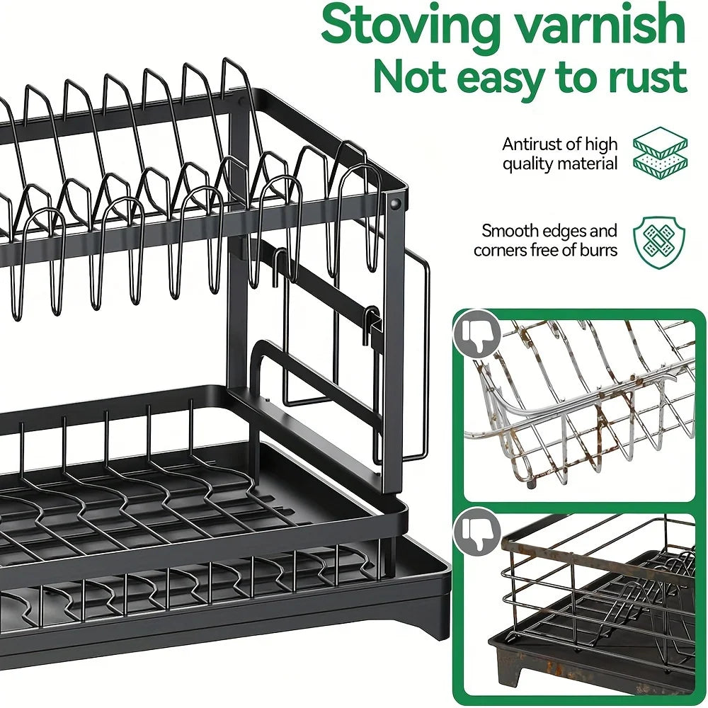 Space-Saving 2-Tier Dish Drying Rack with Utensil Holder