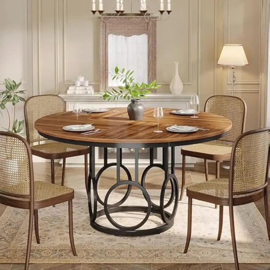 Round Dining Table with Sturdy Metal Base