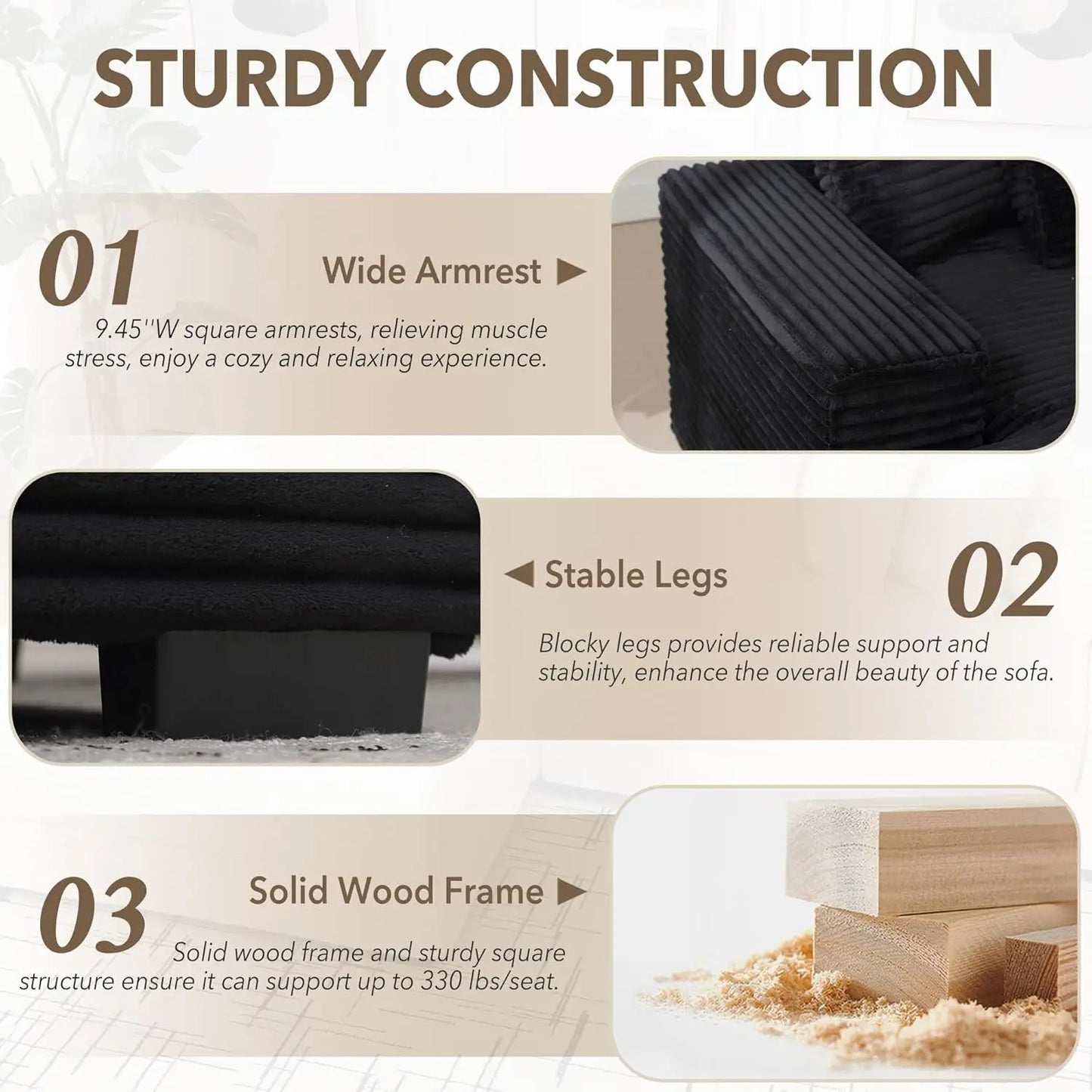 111'' Modern Sectional Sofa, L-Shaped Corduroy Couch