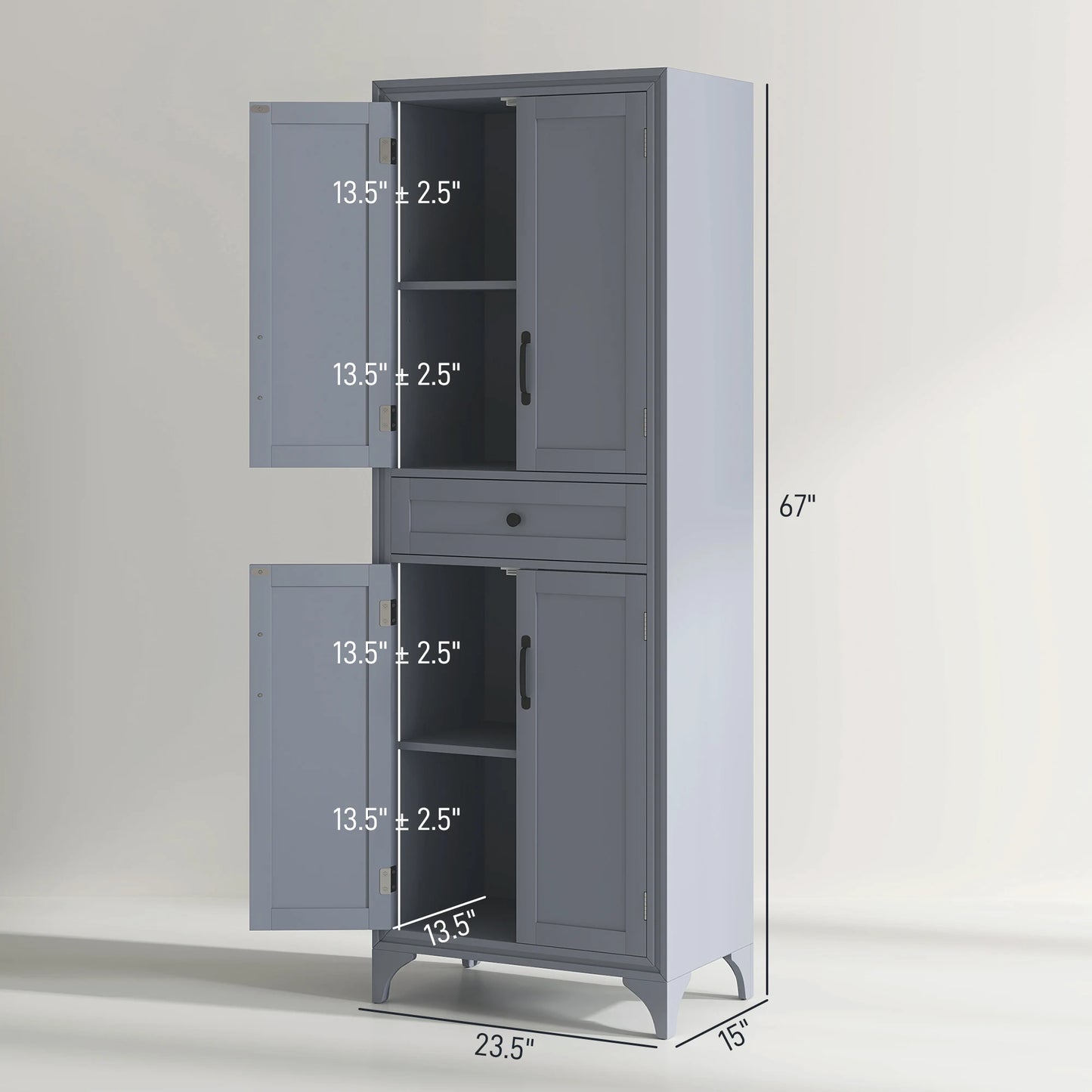 67" 4-Door Kitchen Pantry with Drawer and Adjustable Shelves Gray