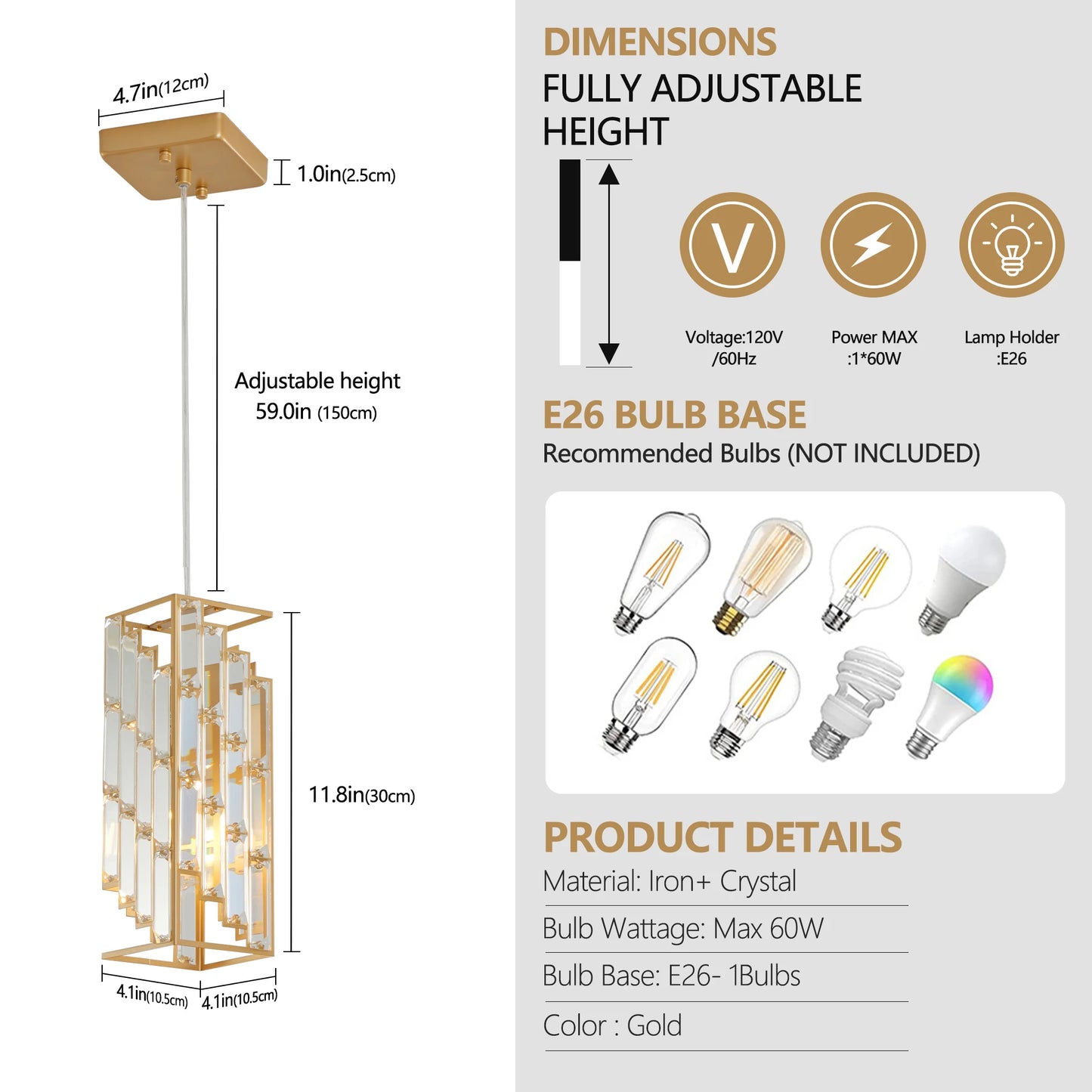 3 Pack, Adjustable Hanging Ceiling Lamp with Crystal Prism Design