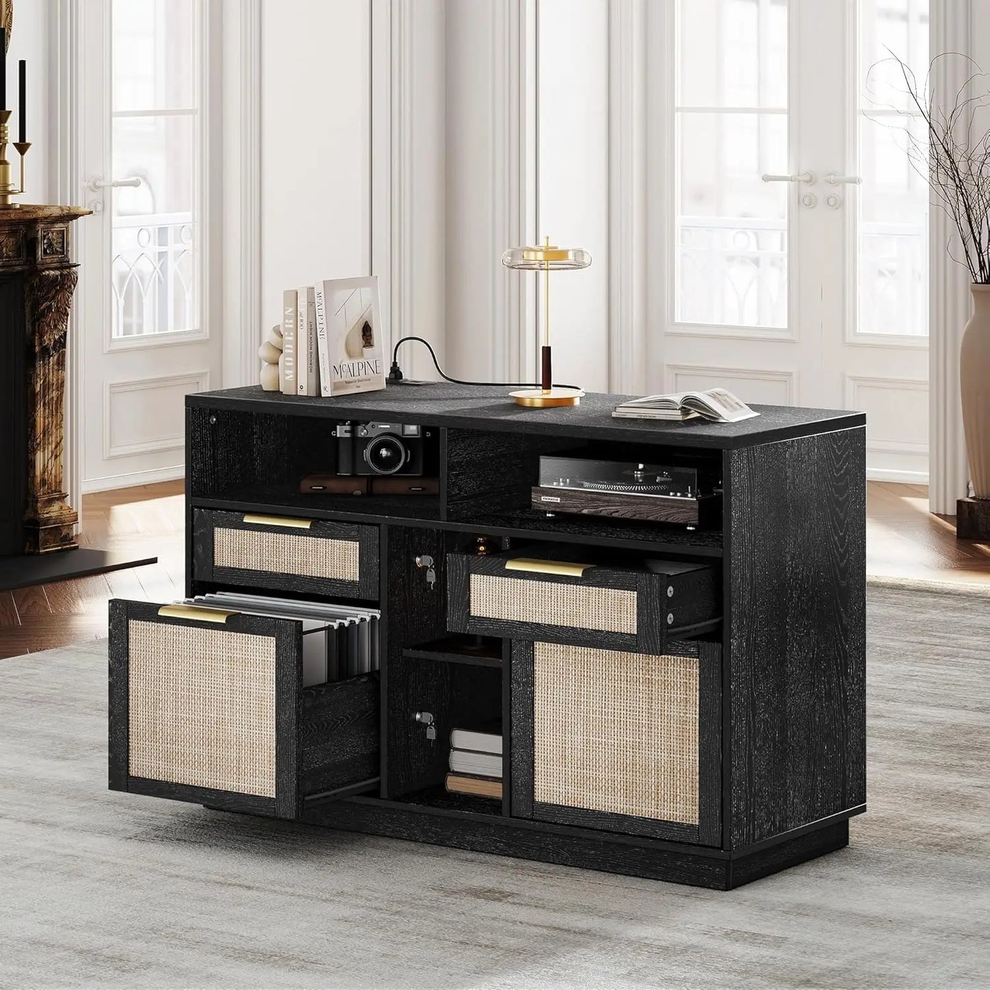 4 Drawer File Cabinet with Lock and Charging Station for Home Office
