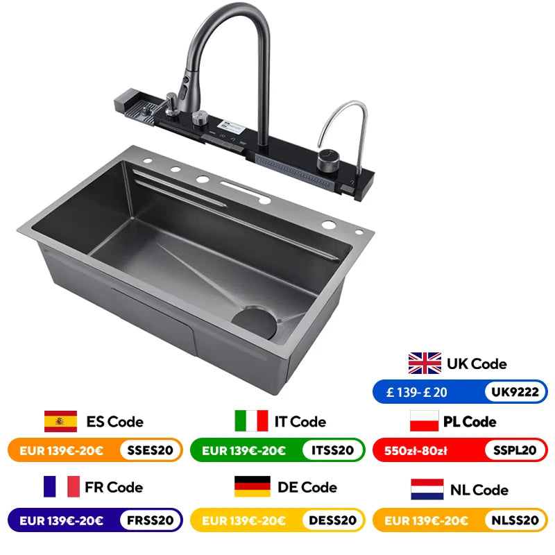 304 Stainless Steel Waterfall Kitchen Sink with Digital Display