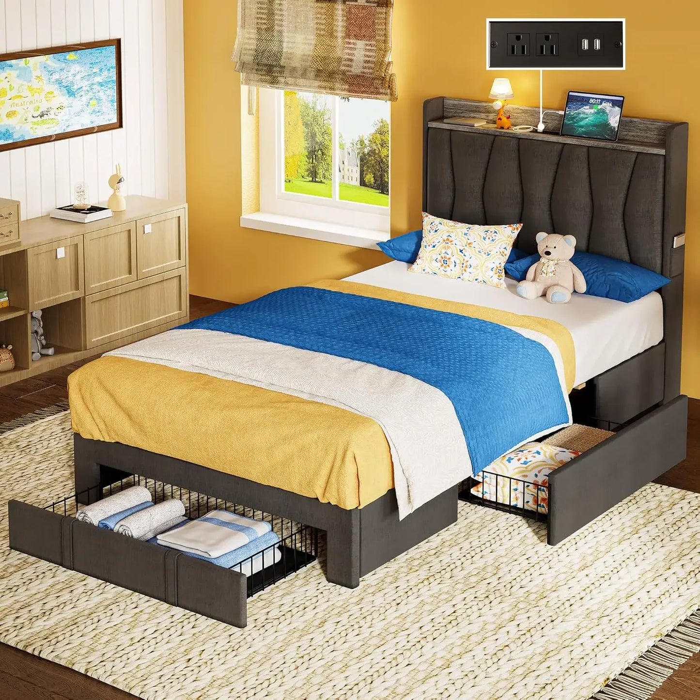 King Size Bed Frame with Storage Headboard and Charging Station