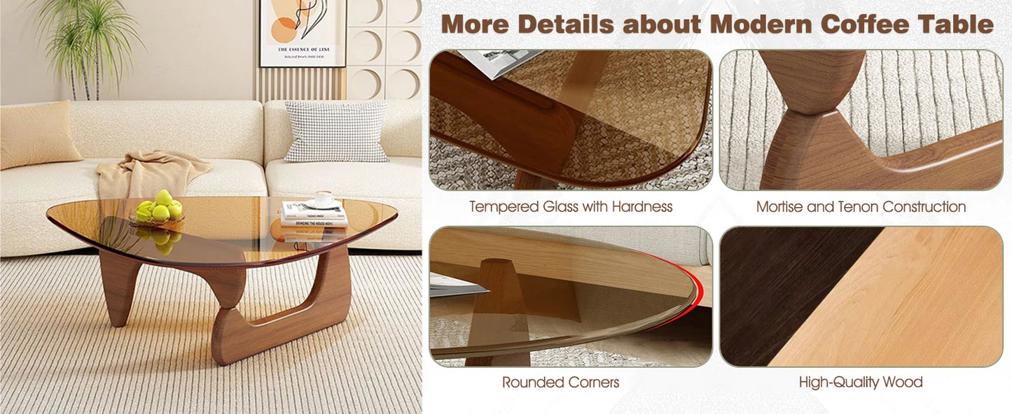 Triangle Glass Coffee Table with Wooden Base for Study Room Office Hotel
