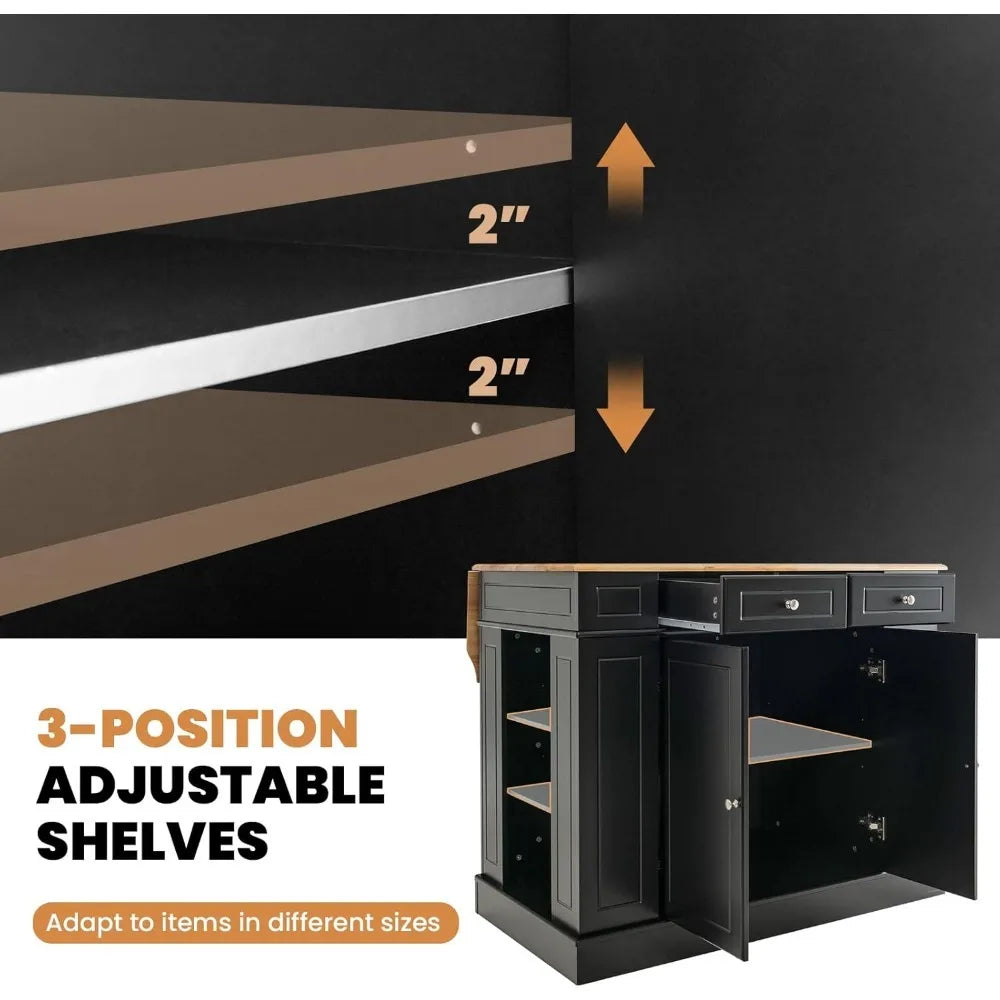 Kitchen island with 2 drawers, 5 adjustable shelves and spice rack