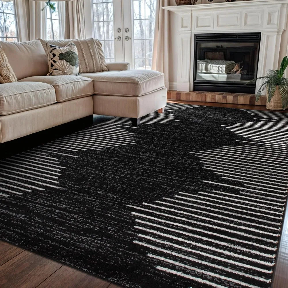 6'6" x 9' Black Stripe Stain Resistant High Traffic Area Rug