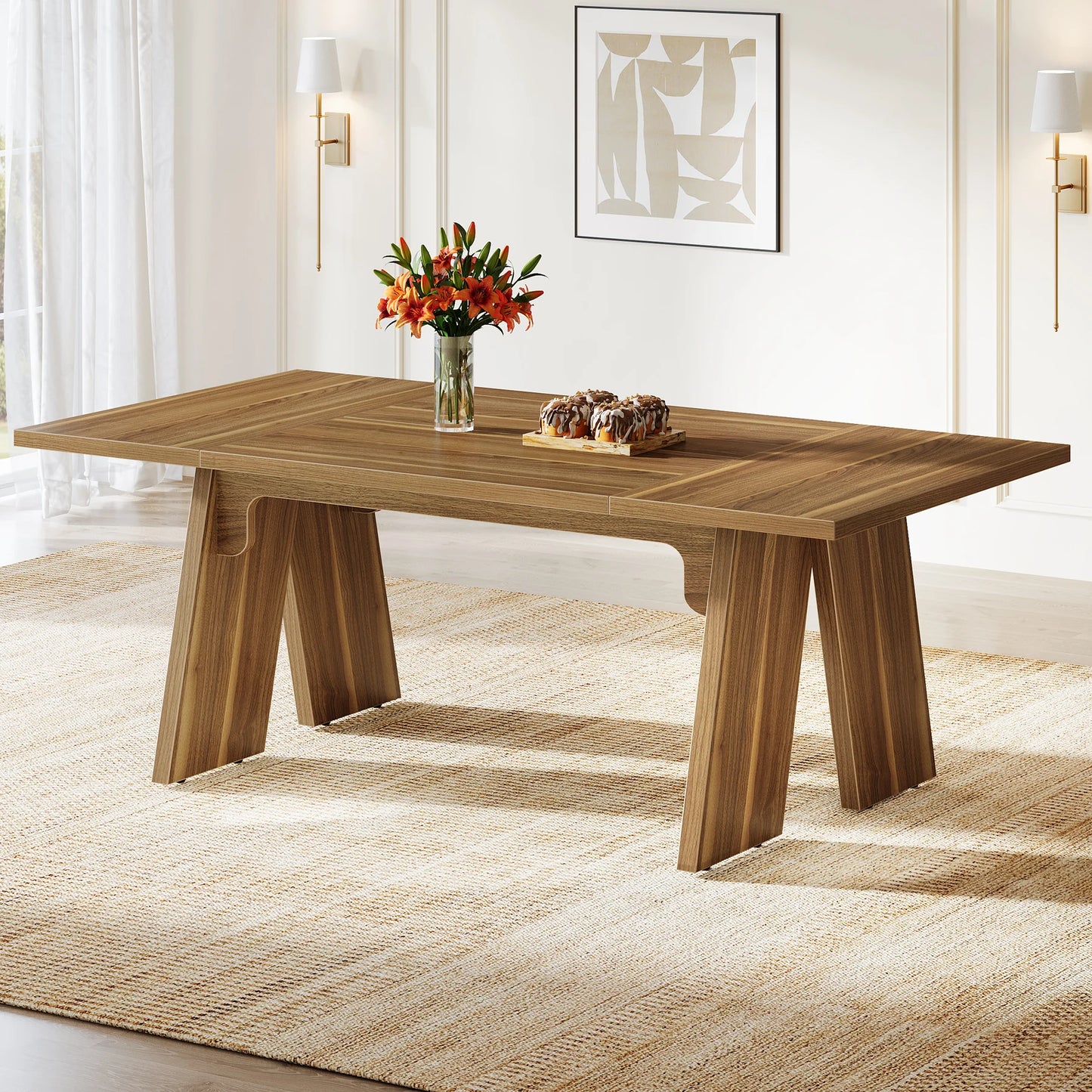 71" Large Dining Table Rectangular Dining Table with Solid Wood Legs