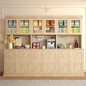 71" Farmhouse Kitchen Pantry Cabinet Set of 3, Brown Freestanding Coffee Bar Hutch with Glass Doors & Adjustable Shelves, Large