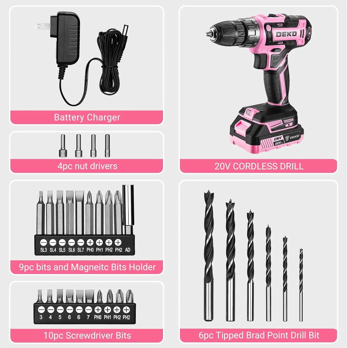 Power Drill Pink Cordless Drill 20V Electric Power Drill Set