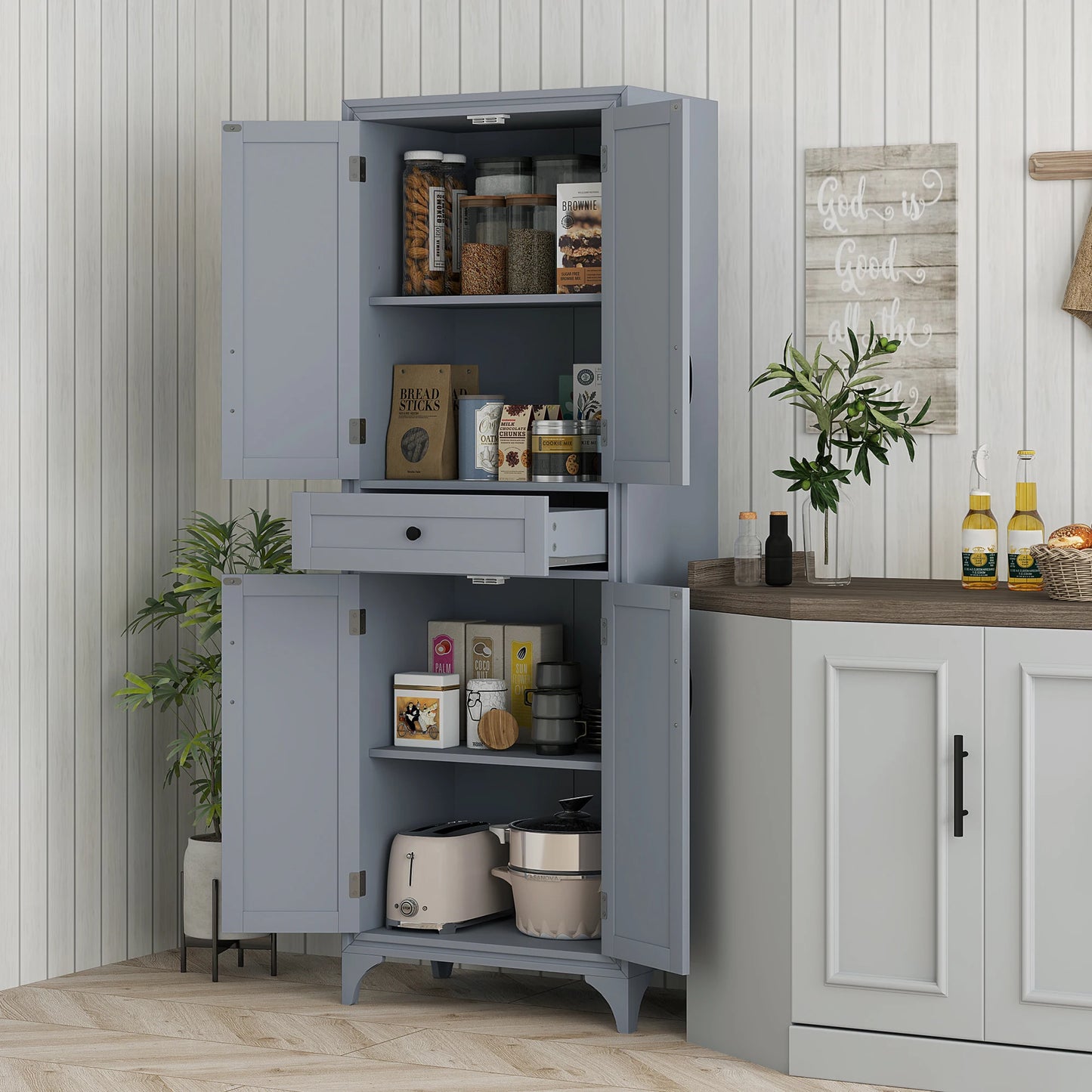 67" 4-Door Kitchen Pantry with Drawer and Adjustable Shelves Gray