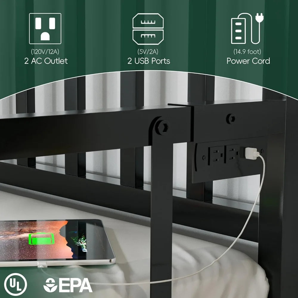 Twin Bed Frame with Charging Station and LED Lights