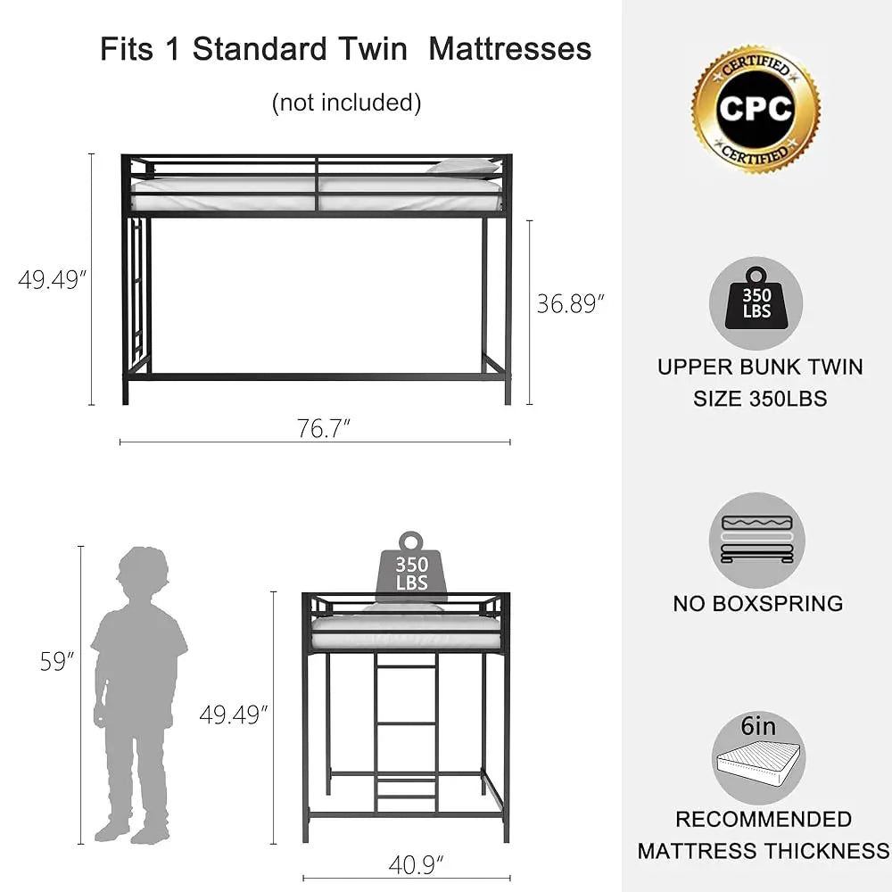 Twin Size, Metal Loft Bed Frame for Boys Girls