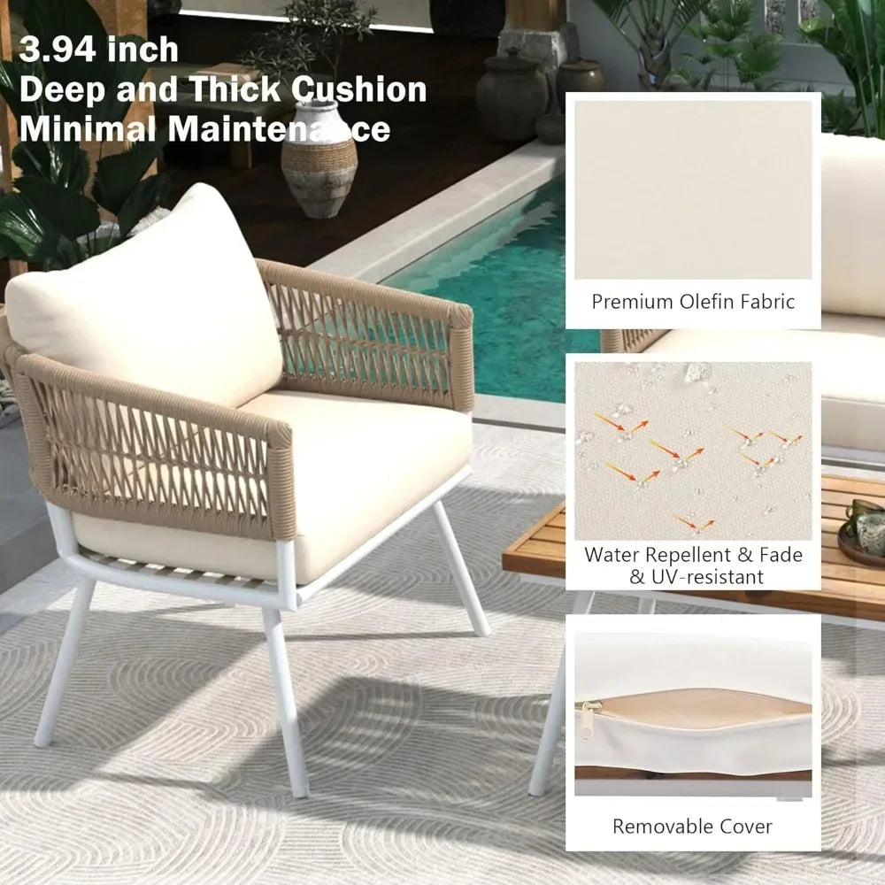 4 Pieces Outoor Patio Furniture Set PP Rope Conversation Set w/Loveseat