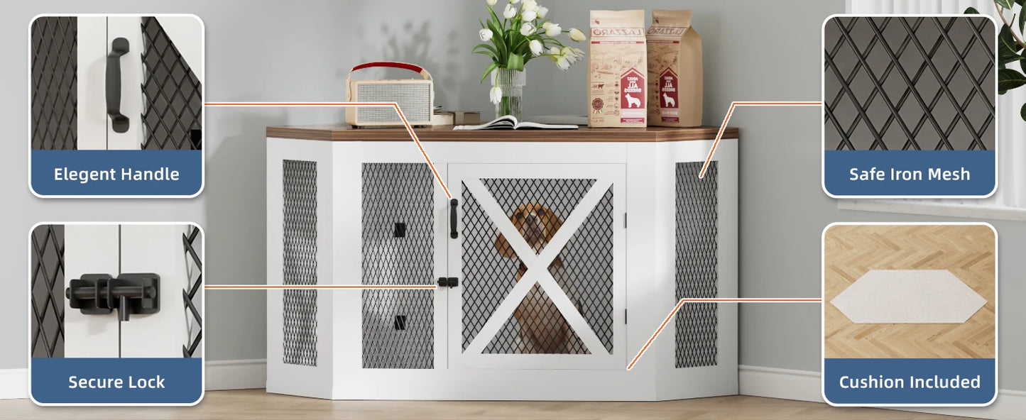 Corner Dog Crate Furniture,Wooden Dog Kennel End Table with Mesh,Cage for Small Medium Large Dog,Decorative Pet Crate Indoor Use
