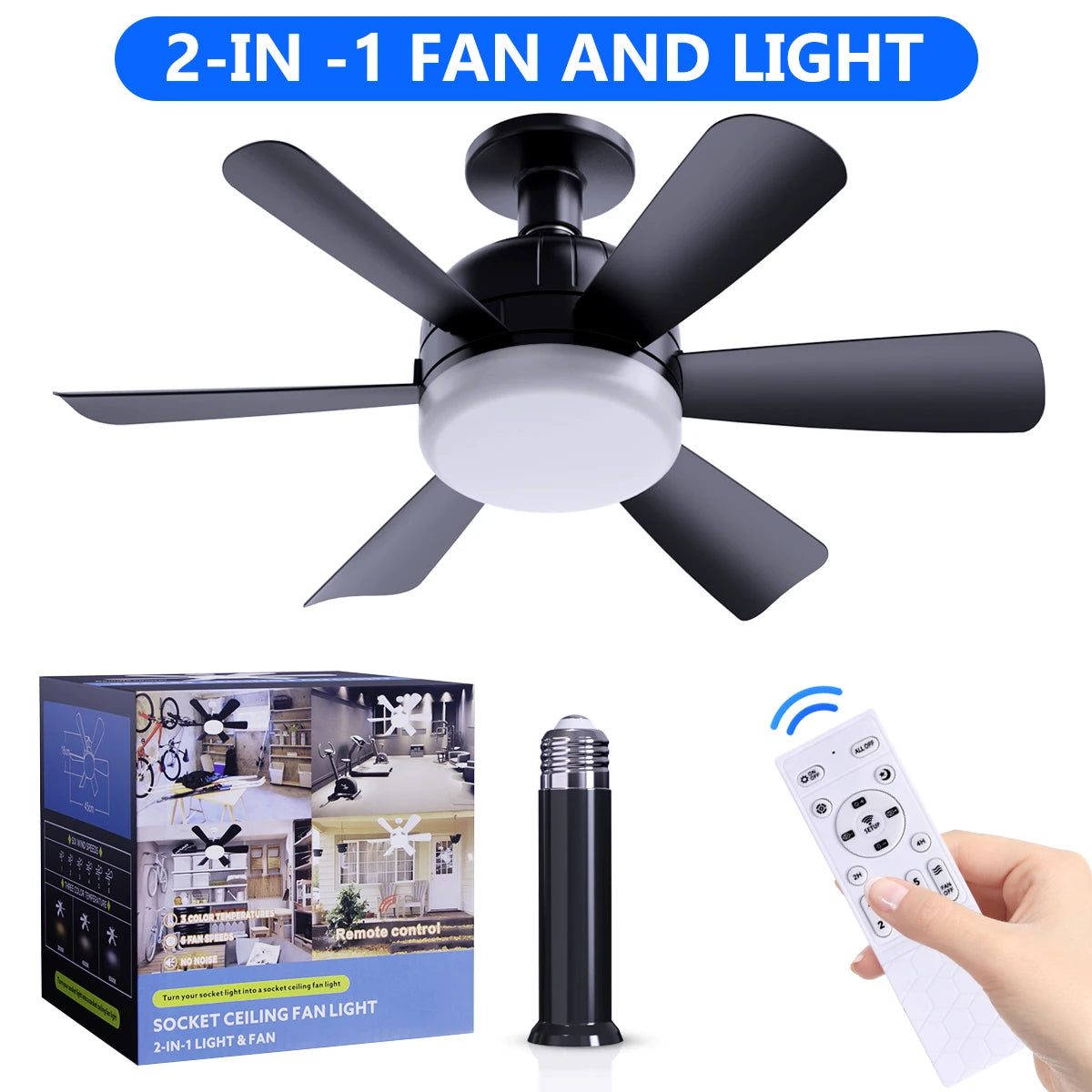 Socket Fan Light with Remote, 3 Colors 3000K-6500K Dimmable Socket Fan