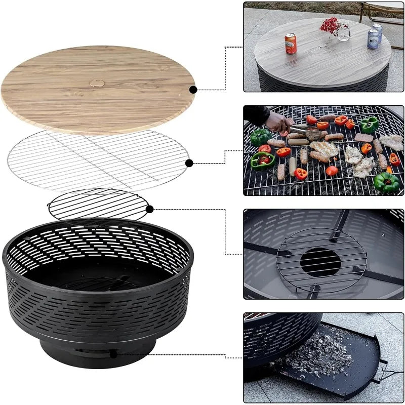 32" Wood Burning Fire Pits with Grill & Lid